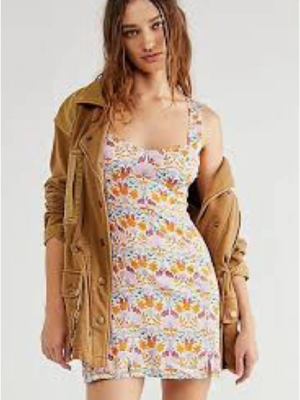 Free People White Floral Mini Dress with Pink and Orange Accents